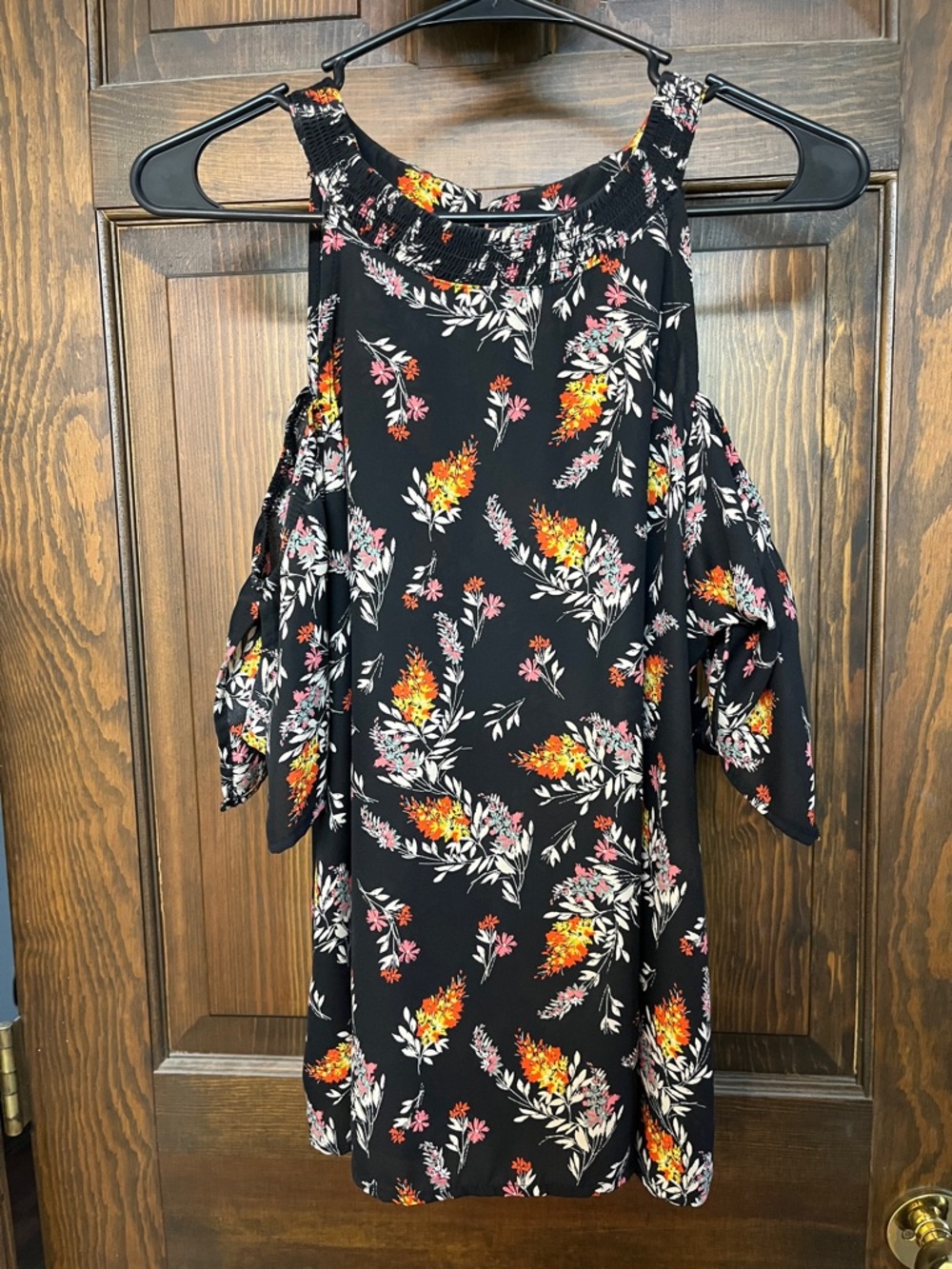 Cold-Shoulder Floral Dress in Black with Orange Accents